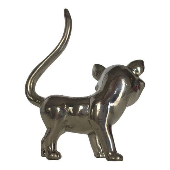 Vintage Cat Ring Holder Jewelry Display Silver Color Rhinestone Eyes Figurine - Picture 2 of 8